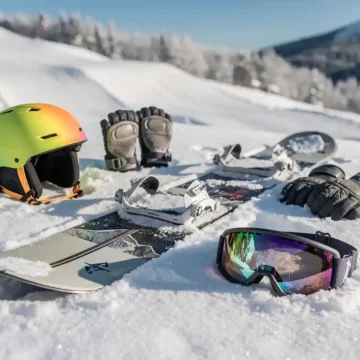 Équipement de snowboard pour débutants disposé sur poudreuse : casque, gants, protège-poignets et lunettes de ski