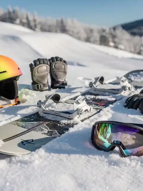 Équipement de snowboard pour débutants disposé sur poudreuse : casque, gants, protège-poignets et lunettes de ski