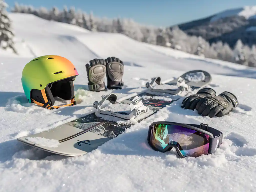 Équipement de snowboard pour débutants disposé sur poudreuse : casque, gants, protège-poignets et lunettes de ski
