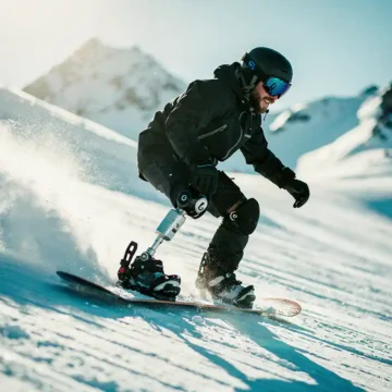 Snowboarder met prothesebeen carvet zelfverzekerd door poedersneeuw op bergpiste in fel winterzonlicht