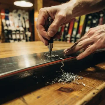Réglage professionnel d'un snowboard avec outil de précision sur établi en bois dans un atelier de ski chaleureux