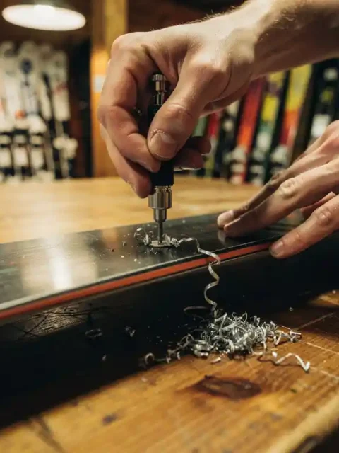 Réglage professionnel d'un snowboard avec outil de précision sur établi en bois dans un atelier de ski chaleureux