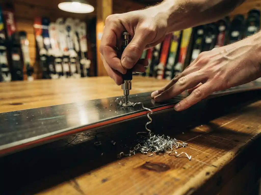 Réglage professionnel d'un snowboard avec outil de précision sur établi en bois dans un atelier de ski chaleureux