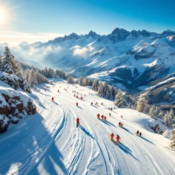 Luchtfoto van Alpe d'Huez skigebied met besneeuwde pistes, skiërs en instructeurs onder blauwe hemel en Alpentoppen