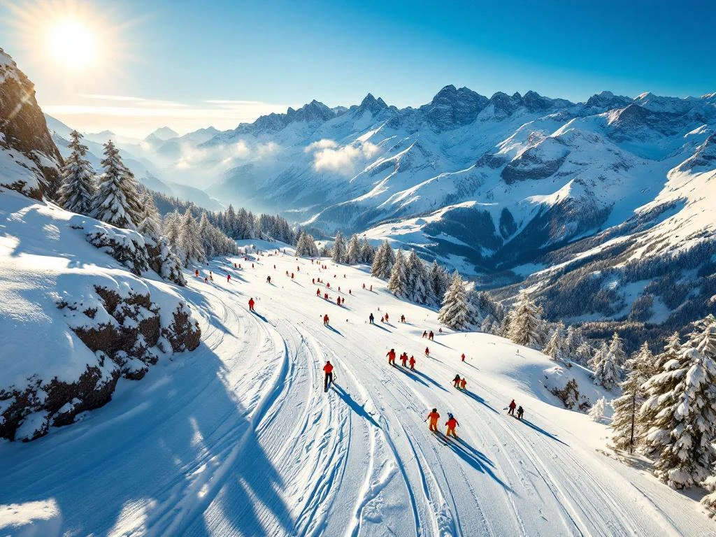 Luchtfoto van Alpe d'Huez skigebied met besneeuwde pistes, skiërs en instructeurs onder blauwe hemel en Alpentoppen
