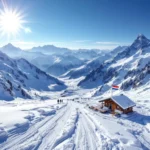 Panoramische Alpense bergscène met skipiste, skiërs en een kaart met kompas op houten tafel, terwijl een Nederlandse vlag op een berghut wappert.