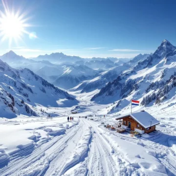 Panoramische Alpense bergscène met skipiste, skiërs en een kaart met kompas op houten tafel, terwijl een Nederlandse vlag op een berghut wappert.