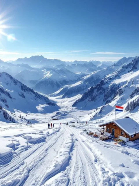 Panoramische Alpense bergscène met skipiste, skiërs en een kaart met kompas op houten tafel, terwijl een Nederlandse vlag op een berghut wappert.