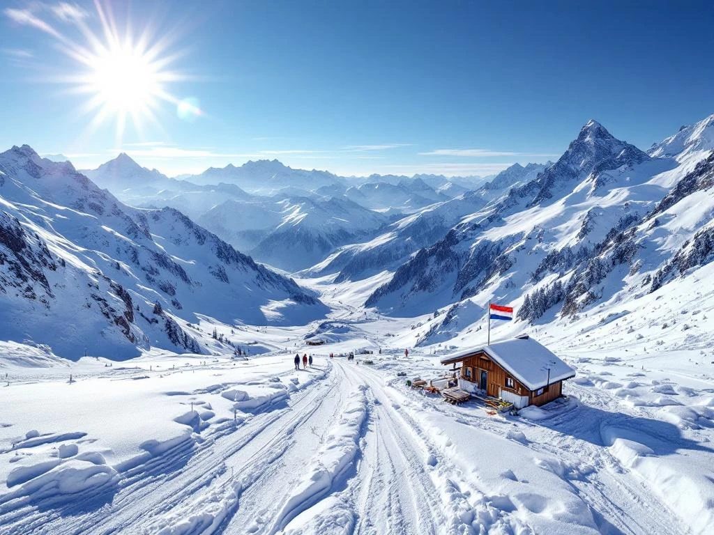 Panoramische Alpense bergscène met skipiste, skiërs en een kaart met kompas op houten tafel, terwijl een Nederlandse vlag op een berghut wappert.