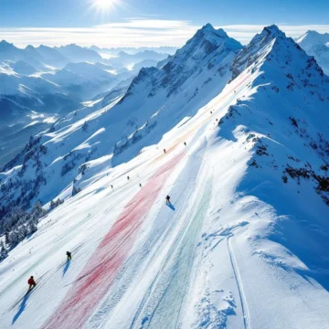 Luchtfoto van Alpine skipistes met kleurgecodeerde routes - groen, blauw, rood en zwart - waar skiërs verschillende moeilijkheidsgraden afdalen in ochtendzon.