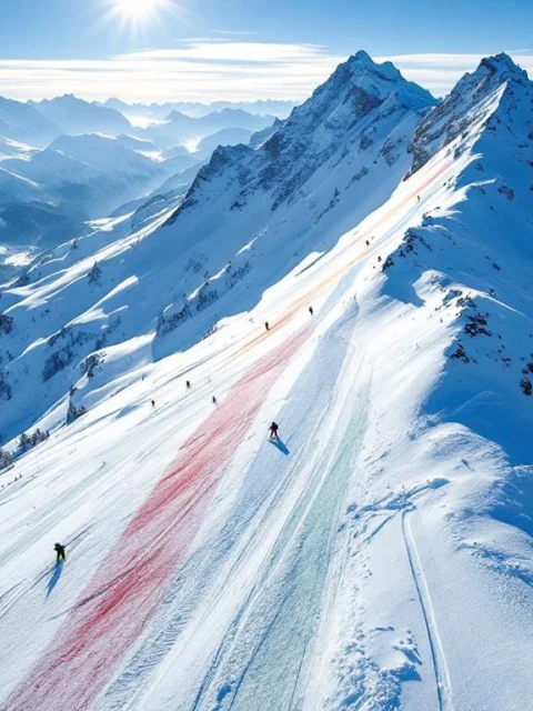 Luchtfoto van Alpine skipistes met kleurgecodeerde routes - groen, blauw, rood en zwart - waar skiërs verschillende moeilijkheidsgraden afdalen in ochtendzon.