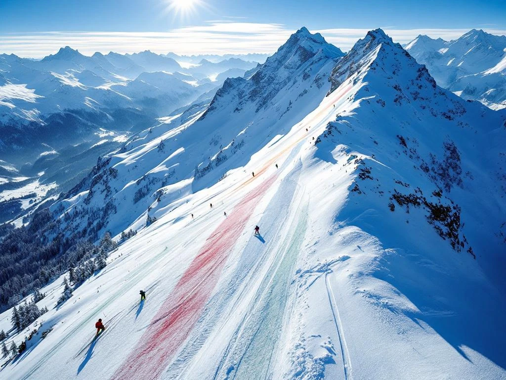 Luchtfoto van Alpine skipistes met kleurgecodeerde routes - groen, blauw, rood en zwart - waar skiërs verschillende moeilijkheidsgraden afdalen in ochtendzon.