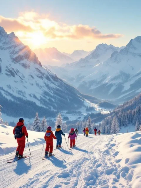 Kinderen volgen skiles op een kleurrijk afgebakend leerterrein in een panoramisch Alpenlandschap met glinsterend besneeuwde bergtoppen en schilderachtig bergdorp.