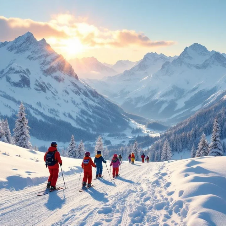 Kinderen volgen skiles op een kleurrijk afgebakend leerterrein in een panoramisch Alpenlandschap met glinsterend besneeuwde bergtoppen en schilderachtig bergdorp.