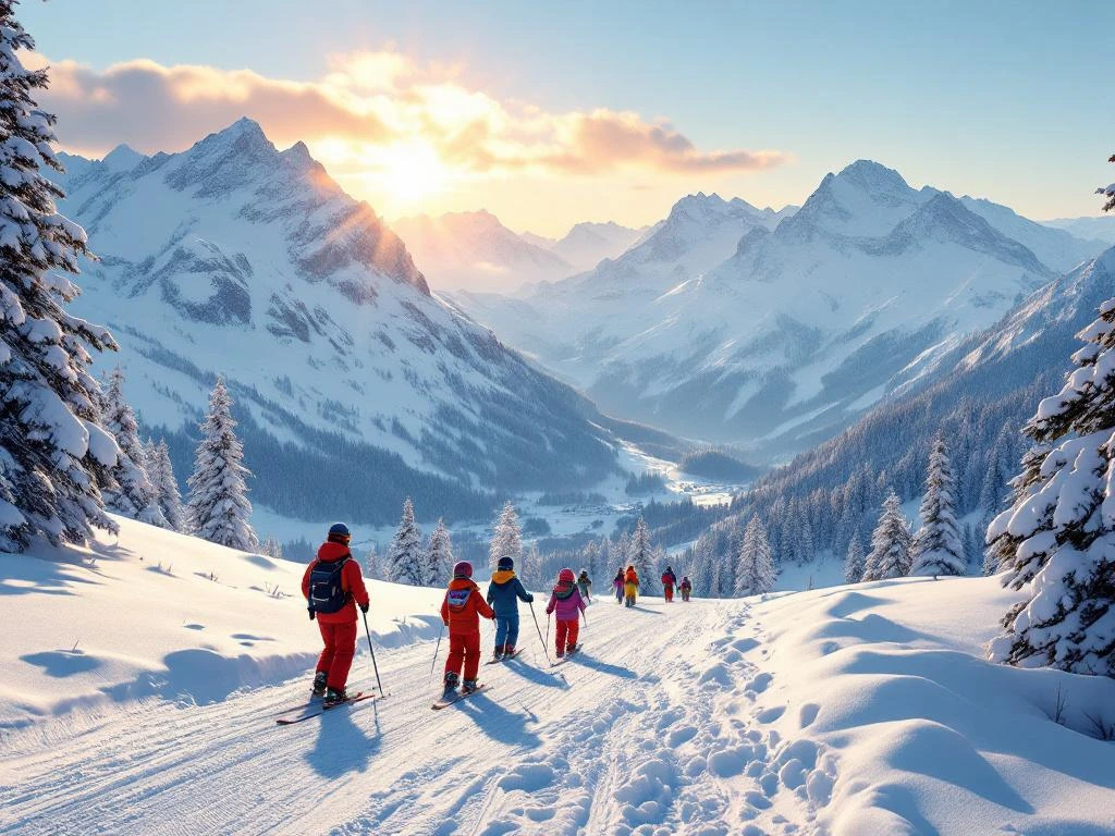 Kinderen volgen skiles op een kleurrijk afgebakend leerterrein in een panoramisch Alpenlandschap met glinsterend besneeuwde bergtoppen en schilderachtig bergdorp.