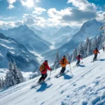 Vijf skiërs in kleurrijke kleding op sneeuwwitte Alpenpiste, navigerend langs een rode route onder stralende winterzon en blauwe hemel.