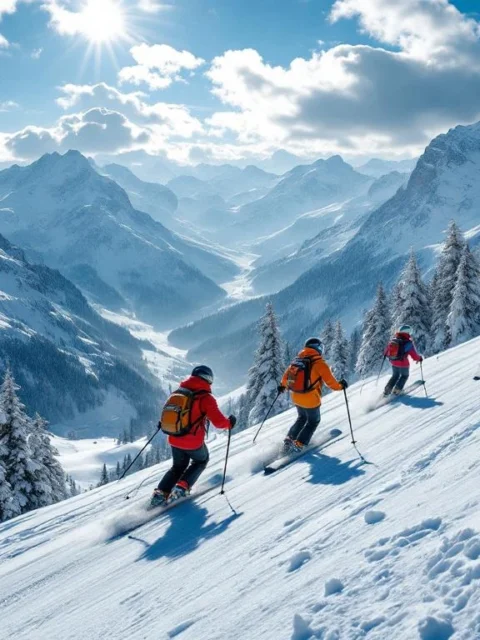 Vijf skiërs in kleurrijke kleding op sneeuwwitte Alpenpiste, navigerend langs een rode route onder stralende winterzon en blauwe hemel.