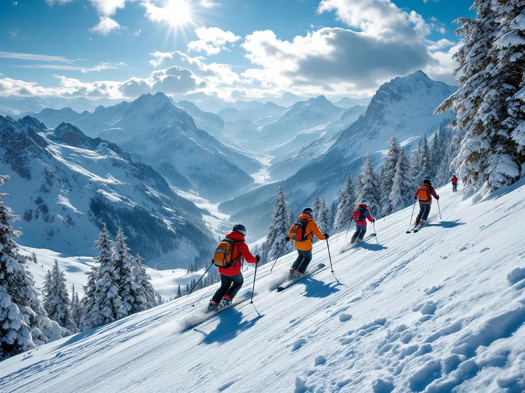 Vijf skiërs in kleurrijke kleding op sneeuwwitte Alpenpiste, navigerend langs een rode route onder stralende winterzon en blauwe hemel.