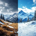 Contrasterende skicondities in maart: kale modderige hellingen links versus verse poedersneeuw op Alpine bergen rechts