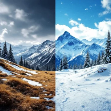 Contrasterende skicondities in maart: kale modderige hellingen links versus verse poedersneeuw op Alpine bergen rechts