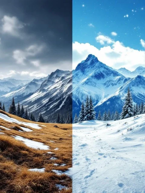 Contrasterende skicondities in maart: kale modderige hellingen links versus verse poedersneeuw op Alpine bergen rechts