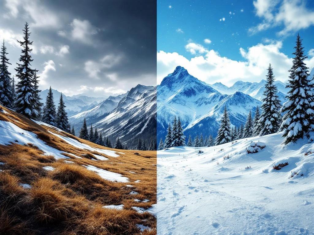 Contrasterende skicondities in maart: kale modderige hellingen links versus verse poedersneeuw op Alpine bergen rechts