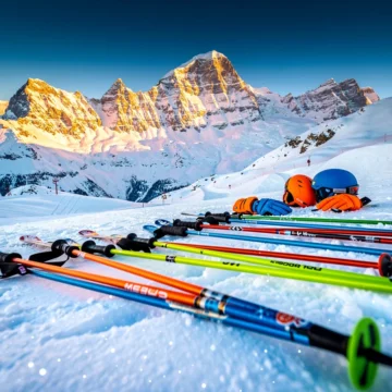 Skipiste in Megève met kleurrijke ski-uitrusting in verse poedersneeuw, Franse Alpen op achtergrond