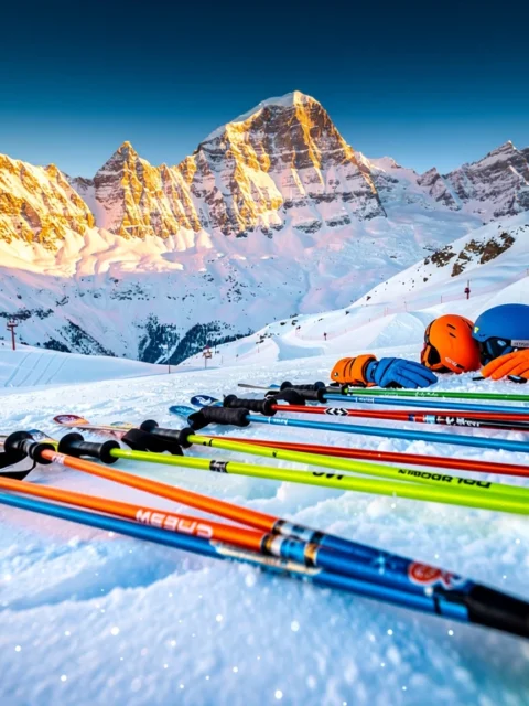 Skipiste in Megève met kleurrijke ski-uitrusting in verse poedersneeuw, Franse Alpen op achtergrond