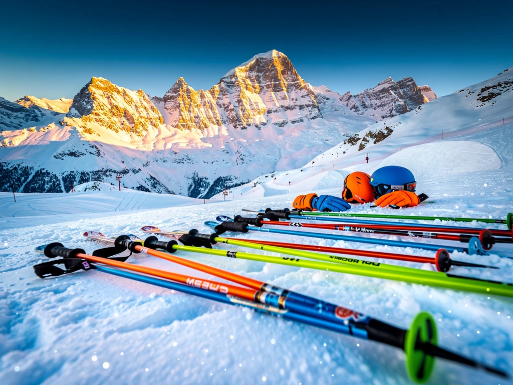Skipiste in Megève met kleurrijke ski-uitrusting in verse poedersneeuw, Franse Alpen op achtergrond