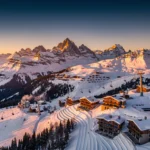 Aerial view of snow-covered Alpine ski resorts in valleys below mountain peaks during golden hour with ski lifts and chalets.