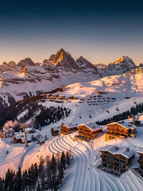 Aerial view of snow-covered Alpine ski resorts in valleys below mountain peaks during golden hour with ski lifts and chalets.