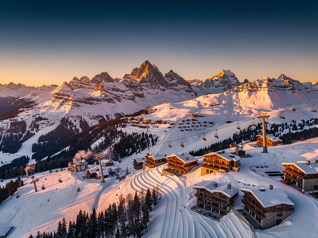 Aerial view of snow-covered Alpine ski resorts in valleys below mountain peaks during golden hour with ski lifts and chalets.