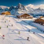 Aerial view of snow-covered Alpine ski slopes in Rohrmoos with colorful skiers, groomed runs, and Austrian lodges under blue skies.