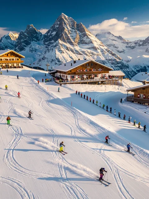 Aerial view of snow-covered Alpine ski slopes in Rohrmoos with colorful skiers, groomed runs, and Austrian lodges under blue skies.