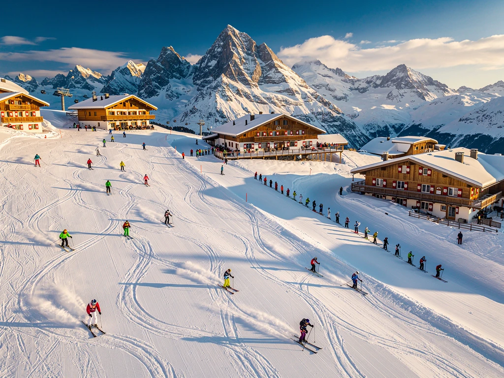 Aerial view of snow-covered Alpine ski slopes in Rohrmoos with colorful skiers, groomed runs, and Austrian lodges under blue skies.