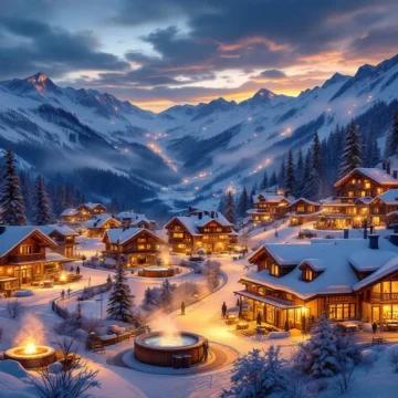 Vijf verlichte Alpine skiresorts met chalets in besneeuwde bergen bij schemering, verbonden door skilliften met warme lichten