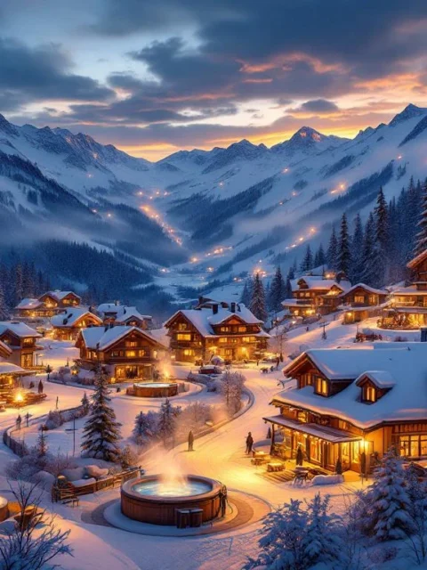 Vijf verlichte Alpine skiresorts met chalets in besneeuwde bergen bij schemering, verbonden door skilliften met warme lichten