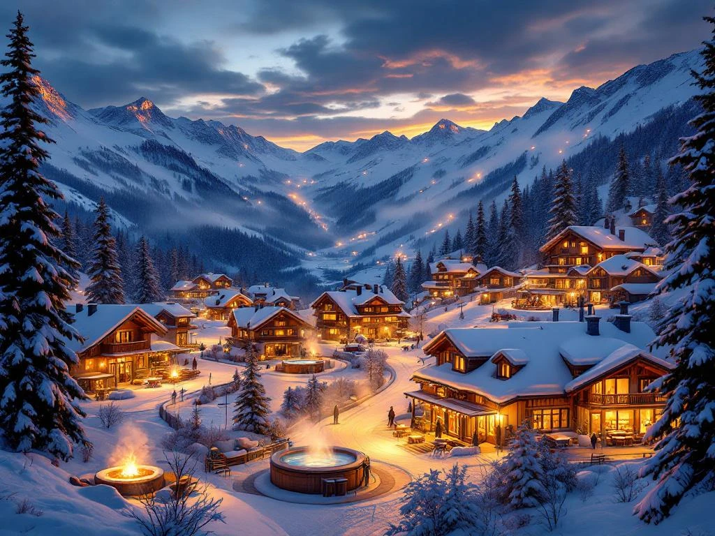 Vijf verlichte Alpine skiresorts met chalets in besneeuwde bergen bij schemering, verbonden door skilliften met warme lichten