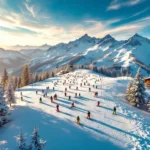 Skiërs oefenen op perfect geprepareerde pistes in Kleinarl, Oostenrijkse Alpen met kabelbanen en besneeuwde bergtoppen