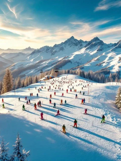 Skiërs oefenen op perfect geprepareerde pistes in Kleinarl, Oostenrijkse Alpen met kabelbanen en besneeuwde bergtoppen