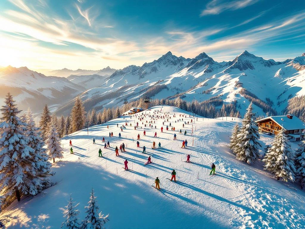 Skiërs oefenen op perfect geprepareerde pistes in Kleinarl, Oostenrijkse Alpen met kabelbanen en besneeuwde bergtoppen