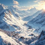 Luchtfoto van Alpine skigebied met besneeuwde pistes, skiërs, chalets en bergtoppen onder blauwe hemel