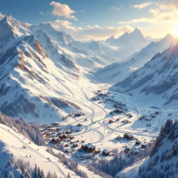 Luchtfoto van Alpine skigebied met besneeuwde pistes, skiërs, chalets en bergtoppen onder blauwe hemel