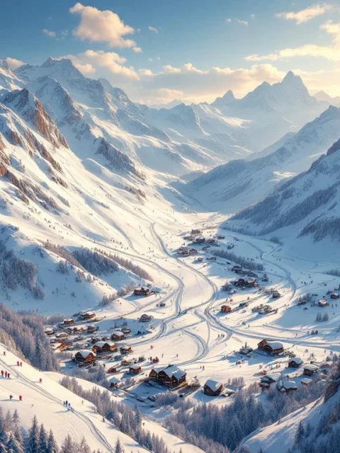 Luchtfoto van Alpine skigebied met besneeuwde pistes, skiërs, chalets en bergtoppen onder blauwe hemel