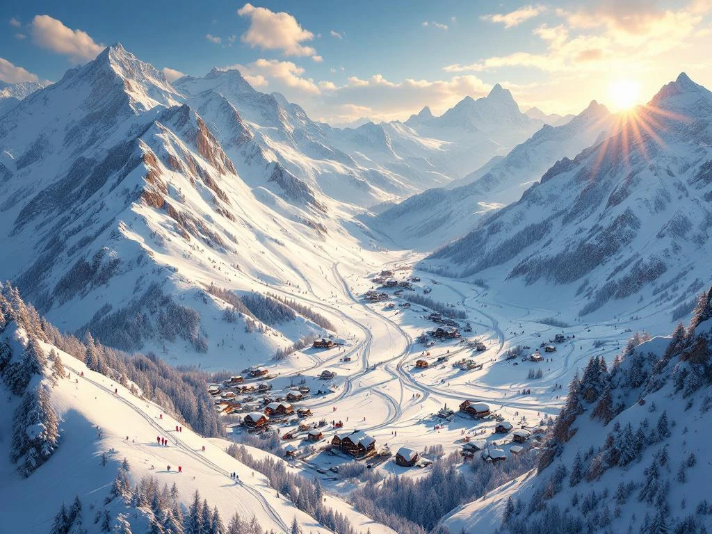Luchtfoto van Alpine skigebied met besneeuwde pistes, skiërs, chalets en bergtoppen onder blauwe hemel
