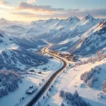 Luchtfoto van besneeuwde Alpen met kronkelende weg van Nederlandse vlakte naar Franse skigebieden bij gouden uurtje