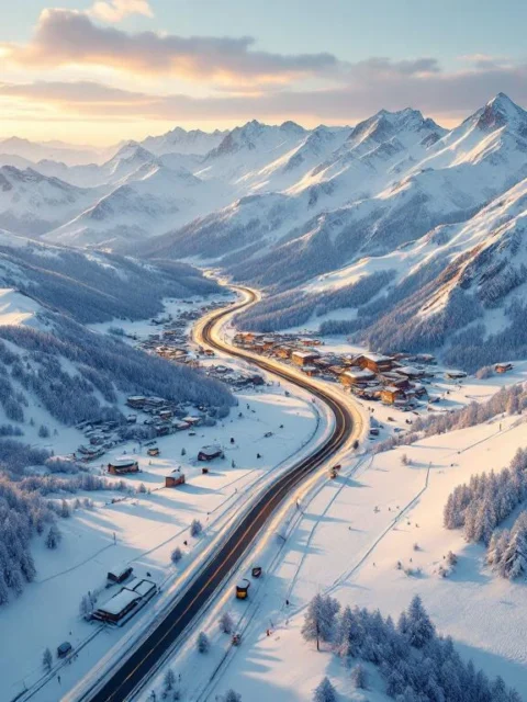 Luchtfoto van besneeuwde Alpen met kronkelende weg van Nederlandse vlakte naar Franse skigebieden bij gouden uurtje