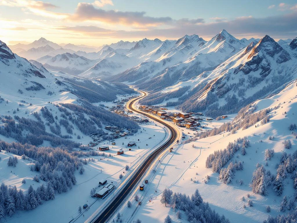 Luchtfoto van besneeuwde Alpen met kronkelende weg van Nederlandse vlakte naar Franse skigebieden bij gouden uurtje