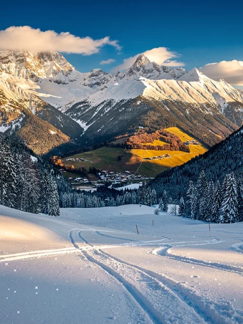 Verschneite österreichische Alpen mit perfekten Skipisten, blauem Himmel und unberührtem Pulverschnee bei Sonnenschein