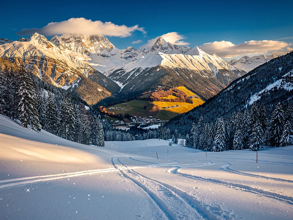 Verschneite österreichische Alpen mit perfekten Skipisten, blauem Himmel und unberührtem Pulverschnee bei Sonnenschein